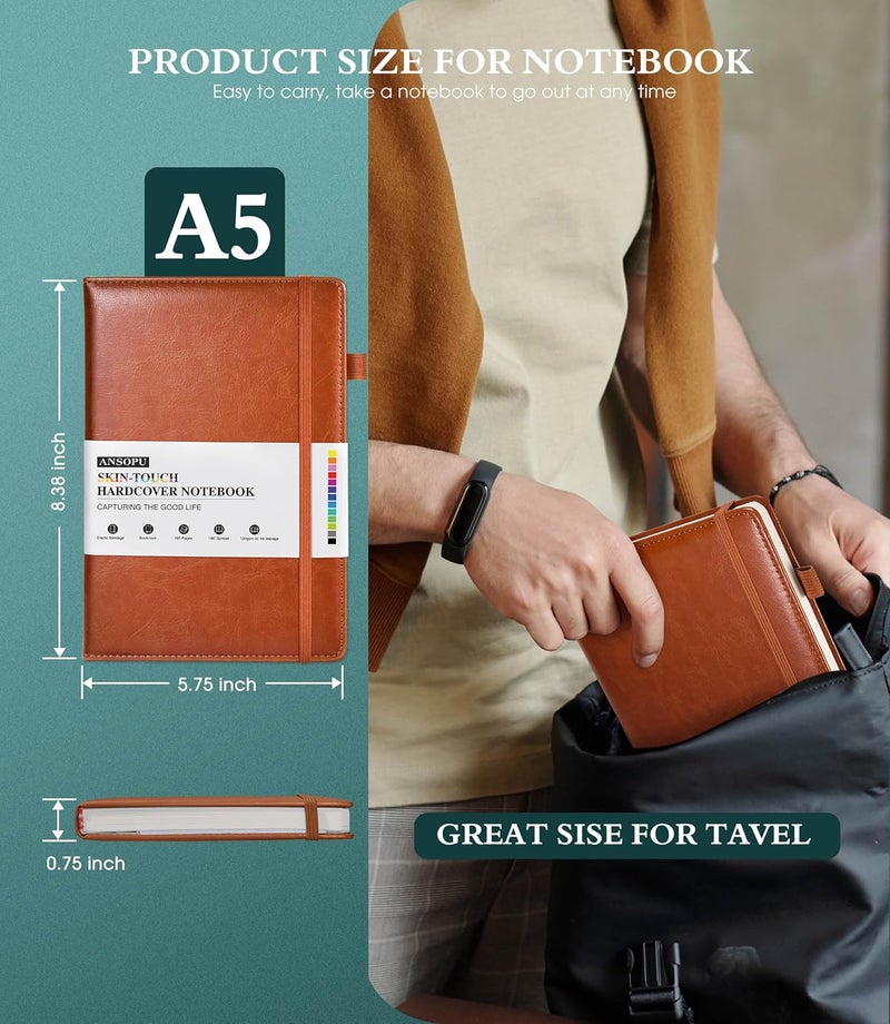 Ansopu Lined Journal Notebook for Writing, A5 100 GSM Thick Paper, Leather Hardcover Journal for Woman Men, Travel Journal Diary 160 Pages(5.75'' X 8.38''Brown) - Image 5
